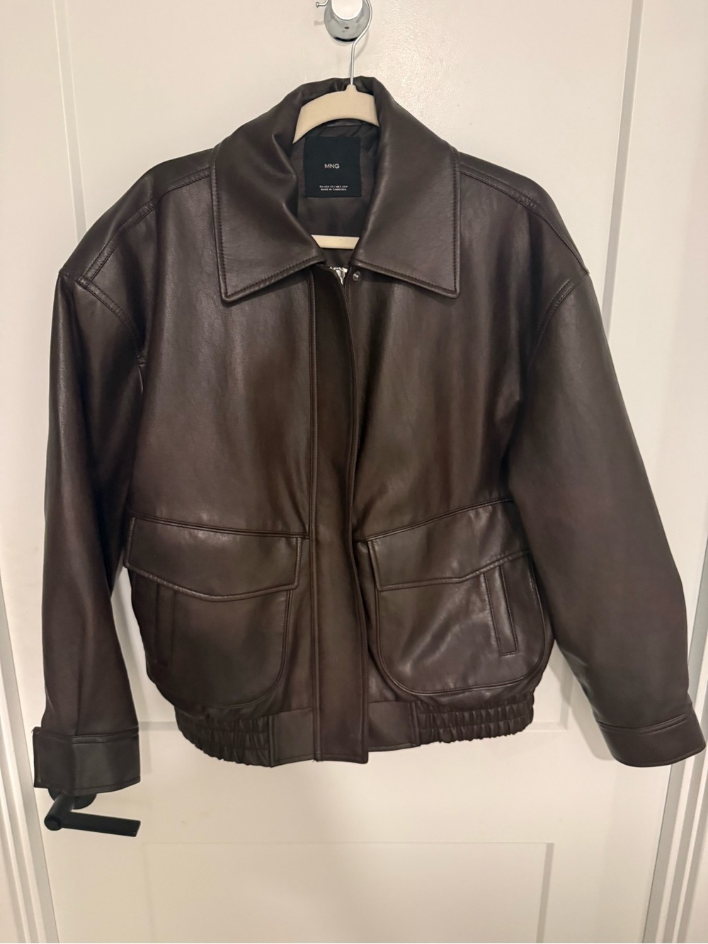 Mango Chocolate Brown Leather Bomber Jacket